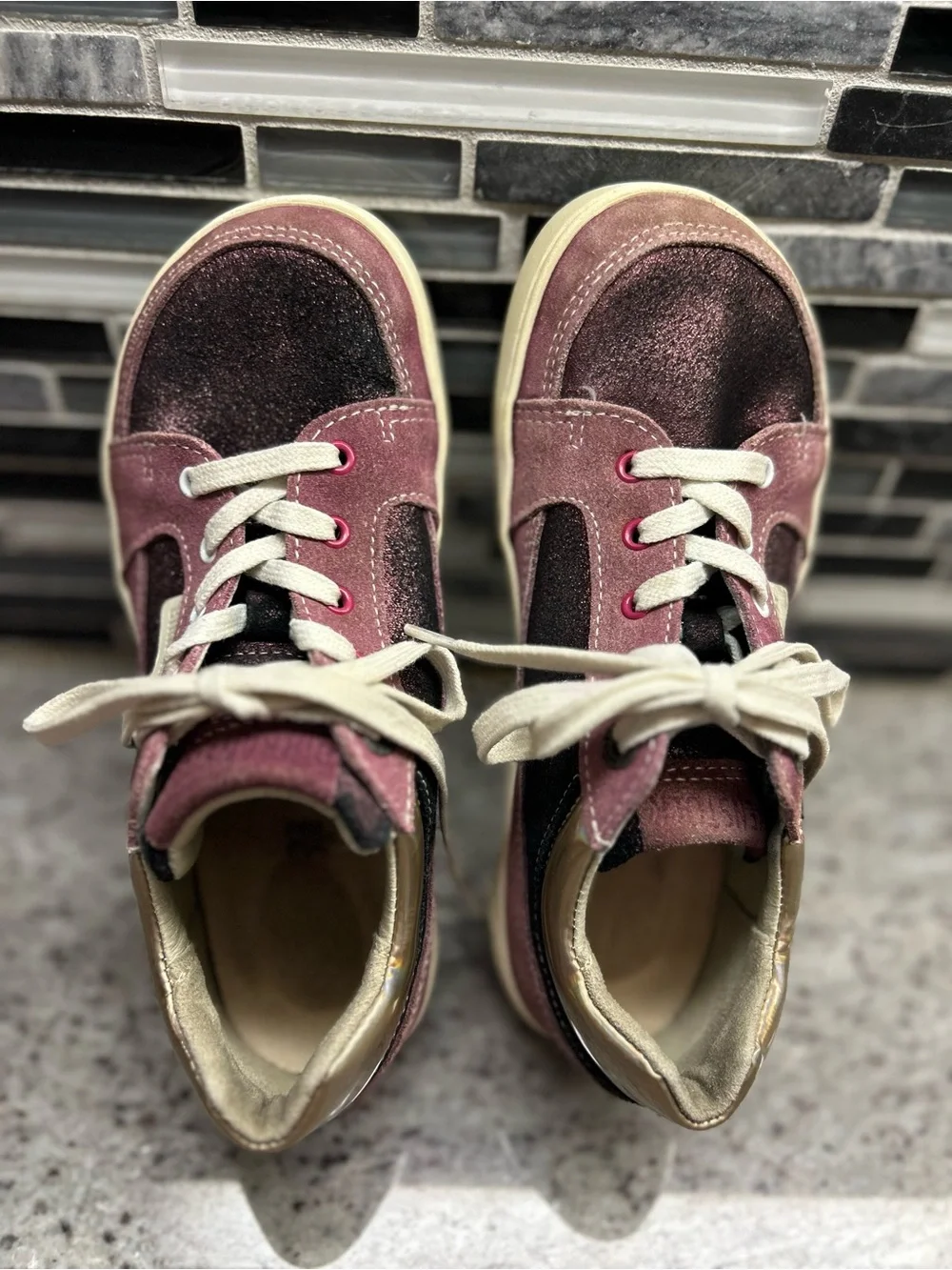 Birkenstock Astee Kids Glitter suede mauve/pink lace-Up Sneakers size 1(32)